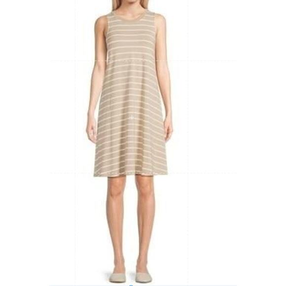 Time and Tru Women's Beige Sleeveless Knit Swing Dress with white stripes NWT - Picture 1 of 1